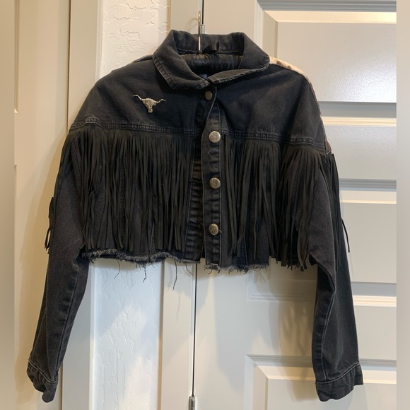 Black Denim Cow Horse Fringe Distressed Jean Jacket Longhorn Rodeo Western Bull - Picture 2 of 11